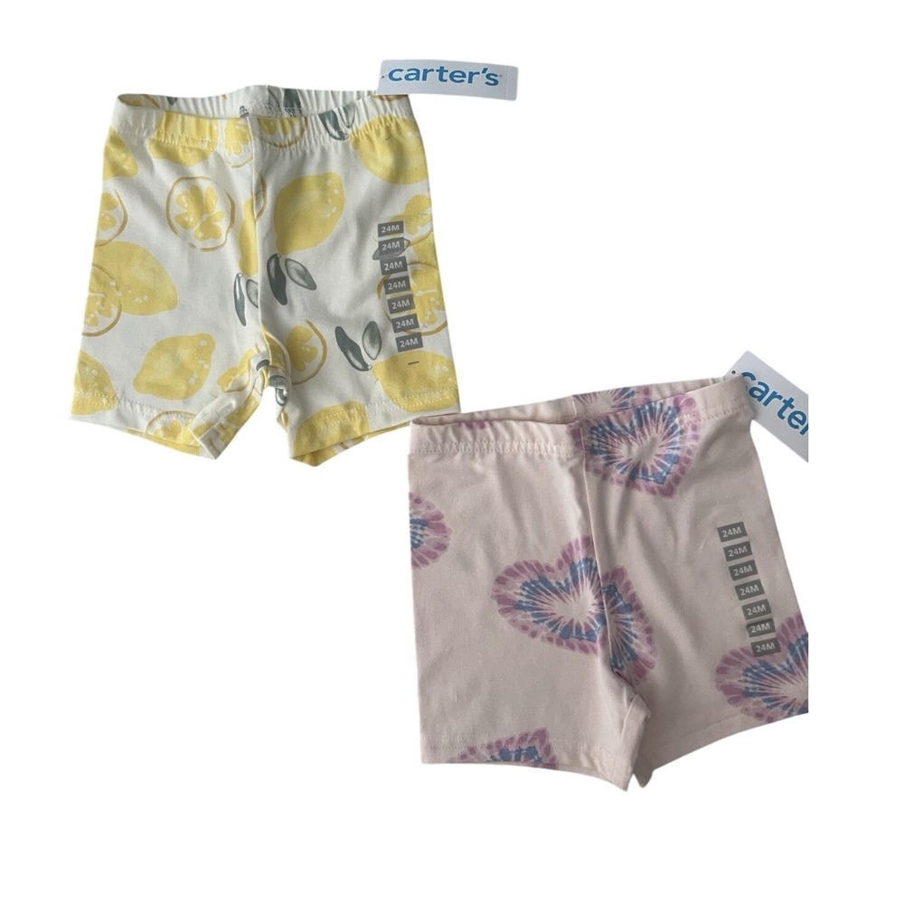 Carters Toddler‎ Girls 24M 2 Pack Shorts 24M Lemons & Tie Dye Hearts Pink Yellow